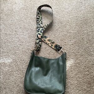 Elegant Olive Shoulder Bag with Animal Print Strap